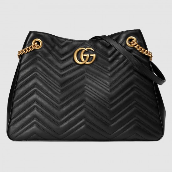 Gucci GG Marmont Medium Chain Shoulder Bag in Black Chevron Leather