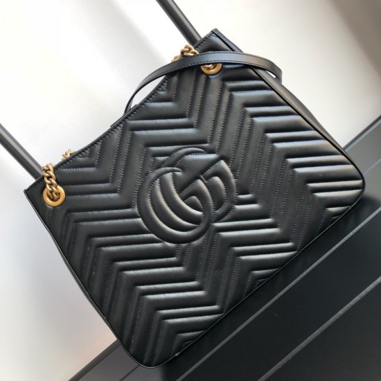 Gucci GG Marmont Medium Chain Shoulder Bag in Black Chevron Leather