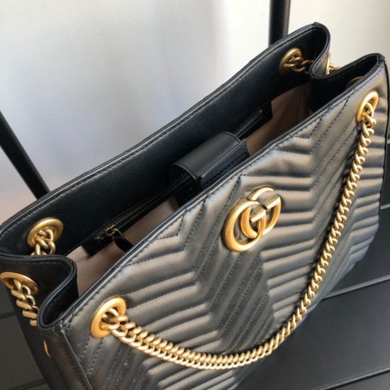 Gucci GG Marmont Medium Chain Shoulder Bag in Black Chevron Leather