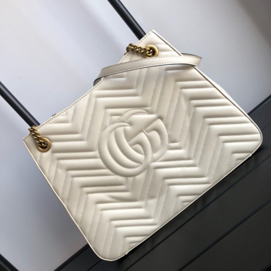 Gucci GG Marmont Medium Chain Shoulder Bag in White Chevron Leather