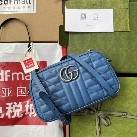 Gucci GG Marmont Small Camera Bag in Blue Matelasse Leather