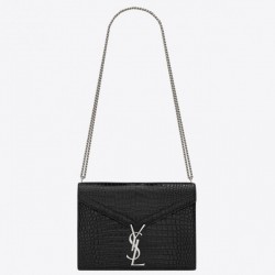 Saint Laurent Cassandra Clasp Bag In Black Croc Embossed Leather