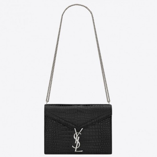 Saint Laurent Cassandra Clasp Bag In Black Croc Embossed Leather