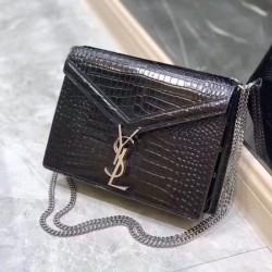 Saint Laurent Cassandra Clasp Bag In Black Croc Embossed Leather