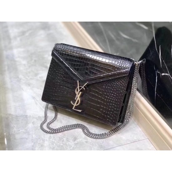 Saint Laurent Cassandra Clasp Bag In Black Croc Embossed Leather