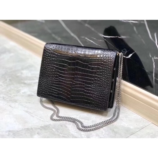 Saint Laurent Cassandra Clasp Bag In Black Croc Embossed Leather