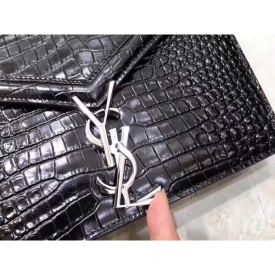 Saint Laurent Cassandra Clasp Bag In Black Croc Embossed Leather