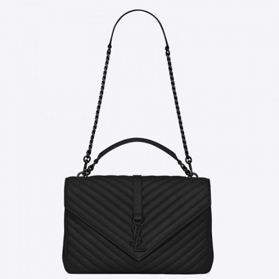 Saint Laurent College Large All Black Matelasse Leather Bag