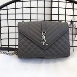 Saint Laurent Medium Envelope Bag In Grey Grained Leather