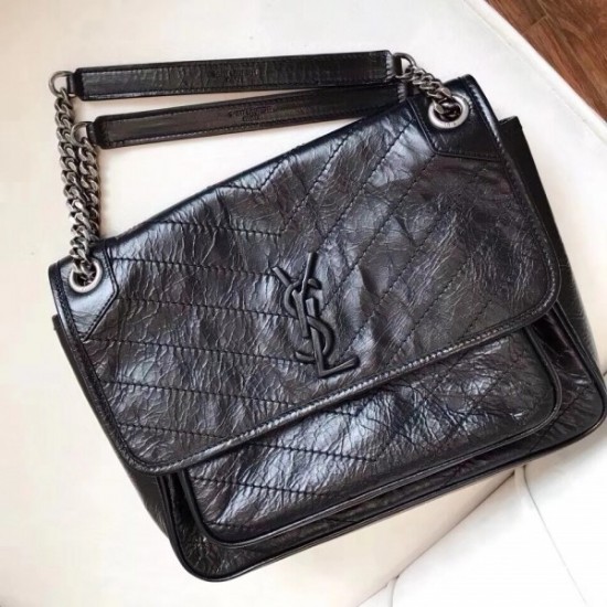 Saint Laurent Medium Niki Bag In Black Crinkled Leather