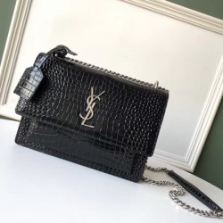 Saint Laurent Sunset Medium Bag In Black Crocodile Embossed Leather