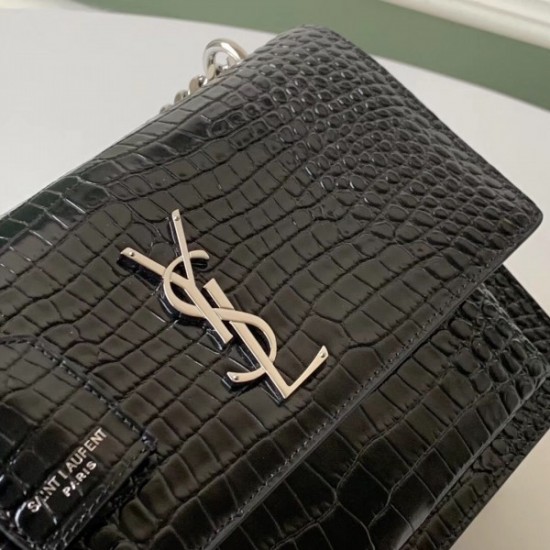 Saint Laurent Sunset Medium Bag In Black Crocodile Embossed Leather