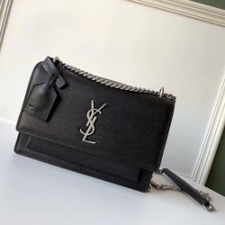 Saint Laurent Sunset Medium Bag In Black Grained Leather