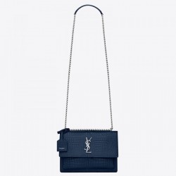 Saint Laurent Sunset Medium Bag In Blue Crocodile Embossed Leather