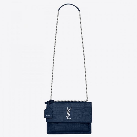 Saint Laurent Sunset Medium Bag In Blue Crocodile Embossed Leather