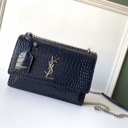 Saint Laurent Sunset Medium Bag In Blue Crocodile Embossed Leather