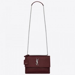 Saint Laurent Sunset Medium Bag In Bordeaux Crocodile Embossed Leather