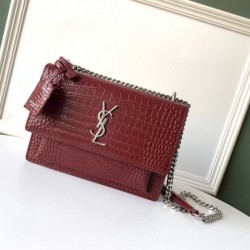 Saint Laurent Sunset Medium Bag In Bordeaux Crocodile Embossed Leather