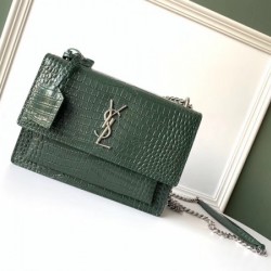 Saint Laurent Sunset Medium Bag In Green Crocodile Embossed Leather