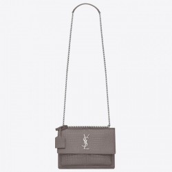 Saint Laurent Sunset Medium Bag In Grey Crocodile Embossed Leather