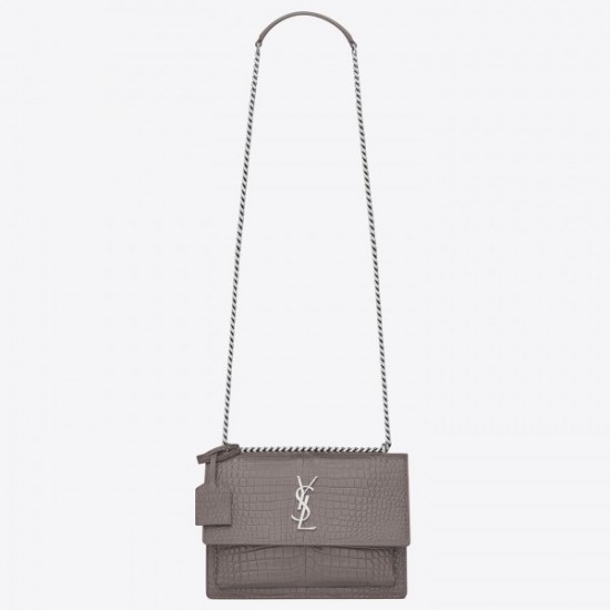 Saint Laurent Sunset Medium Bag In Grey Crocodile Embossed Leather