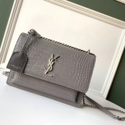 Saint Laurent Sunset Medium Bag In Grey Crocodile Embossed Leather