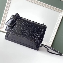 Saint Laurent Sunset Medium Bag In Noir Crocodile Embossed Leather