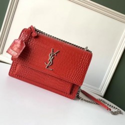 Saint Laurent Sunset Medium Bag In Red Crocodile Embossed Leather