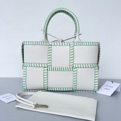 Bottega Veneta White Arco Small Tote with Green Overlock Stitching