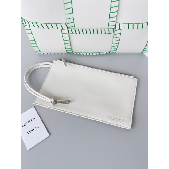 Bottega Veneta White Arco Small Tote with Green Overlock Stitching