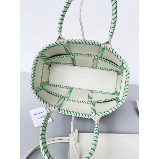 Bottega Veneta White Arco Small Tote with Green Overlock Stitching