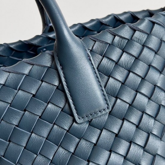 Bottega Veneta Cabat Mini Bag In Navy Blue Intrecciato Lambskin