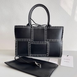 Bottega Veneta Black Arco Small Tote with White Overlock Stitching