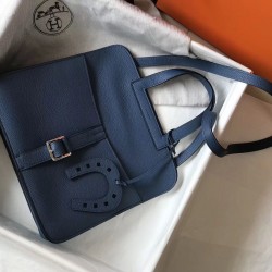 Hermes Halzan Bag In Blue Agate Clemence Leather