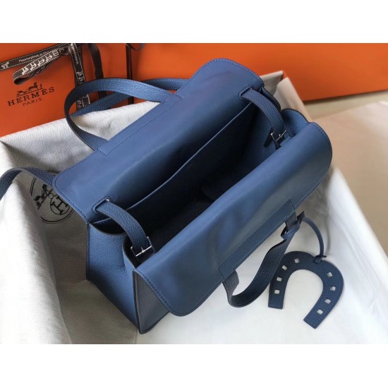 Hermes Halzan Bag In Blue Agate Clemence Leather