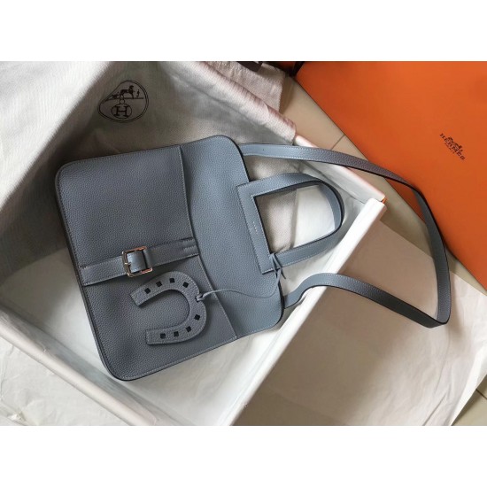 Hermes Halzan Bag In Blue Lin Clemence Leather