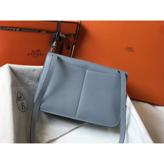 Hermes Halzan Bag In Blue Lin Clemence Leather