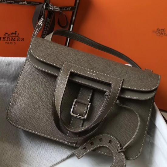 Hermes Halzan Bag In Grey Clemence Leather