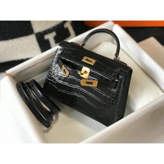 Hermes Kelly Mini II Bag In Black Embossed Crocodile Leather