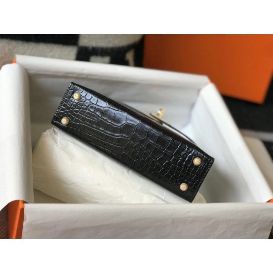 Hermes Kelly Mini II Bag In Black Embossed Crocodile Leather