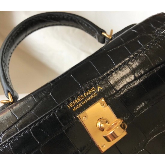 Hermes Kelly Mini II Bag In Black Embossed Crocodile Leather