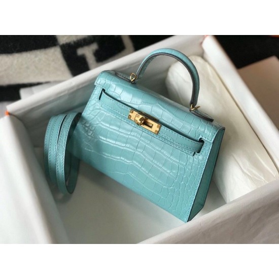 Hermes Kelly Mini II Bag In Blue Atoll Embossed Crocodile Leather