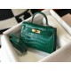 Hermes Kelly Mini II Bag In Green Embossed Crocodile Leather