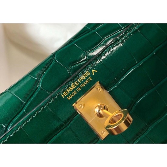 Hermes Kelly Mini II Bag In Green Embossed Crocodile Leather