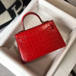 Hermes Kelly Mini II Bag In Red Embossed Crocodile Leather