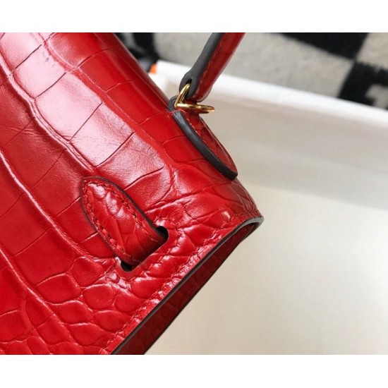 Hermes Kelly Mini II Bag In Red Embossed Crocodile Leather