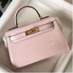 Hermes Kelly Mini II Bag In Rose Dragee Embossed Crocodile Leather