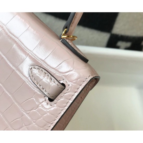 Hermes Kelly Mini II Bag In Rose Dragee Embossed Crocodile Leather