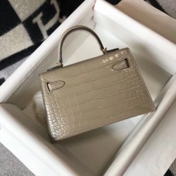 Hermes Kelly Mini II Bag In Taupe Embossed Crocodile Leather