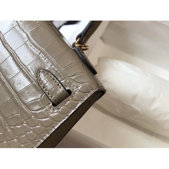 Hermes Kelly Mini II Bag In Taupe Embossed Crocodile Leather